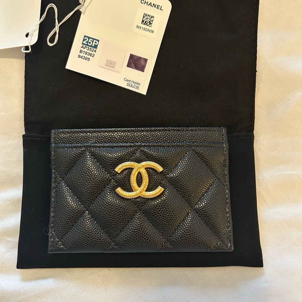 CHANEL Black Quilted Card Case with Gold Logo